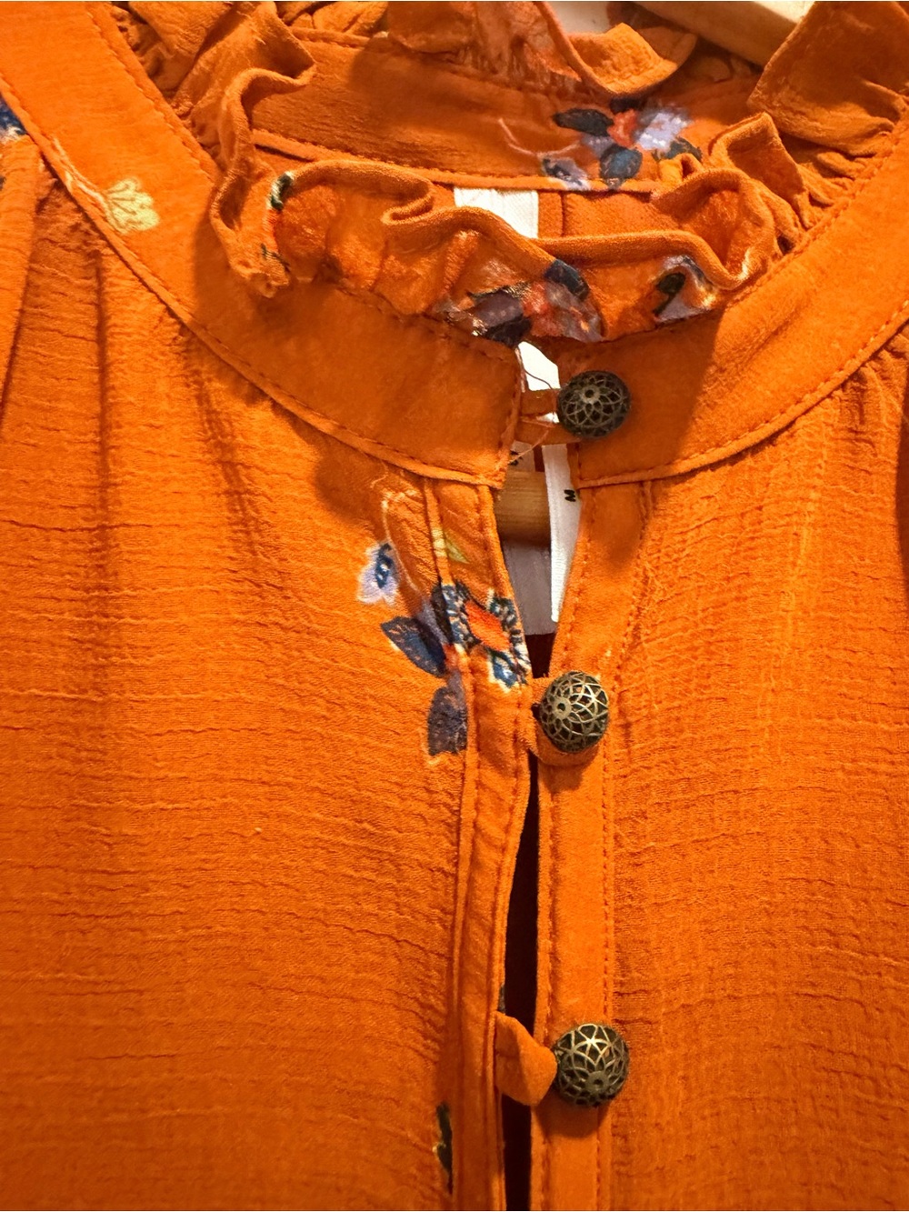 Anthropologie Maeve Orange Floral Boho Smocked Sleeve Blouse Top Size Medium - Picture 15 of 15